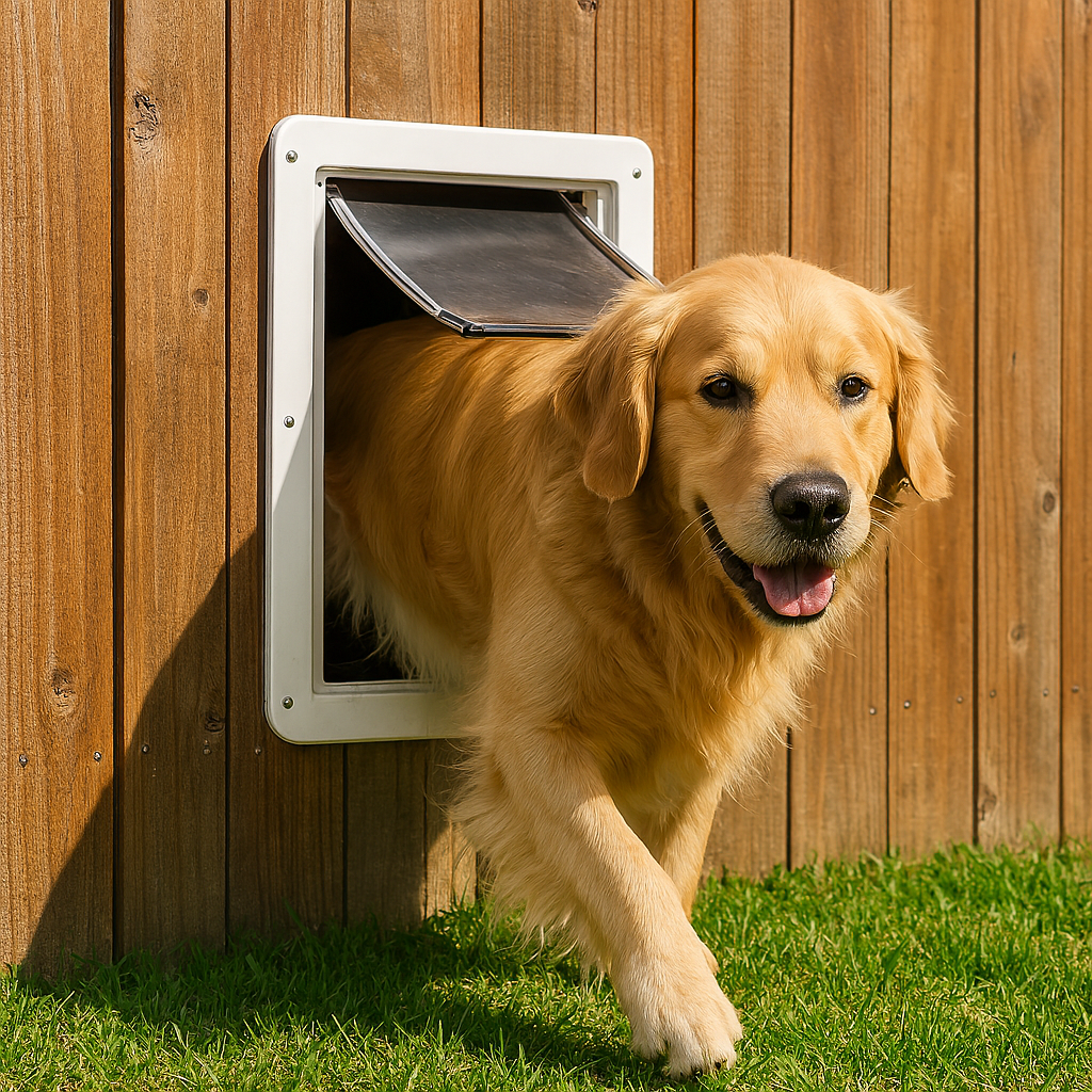 golden retriever walking through dog door in wooden fence bright daylight