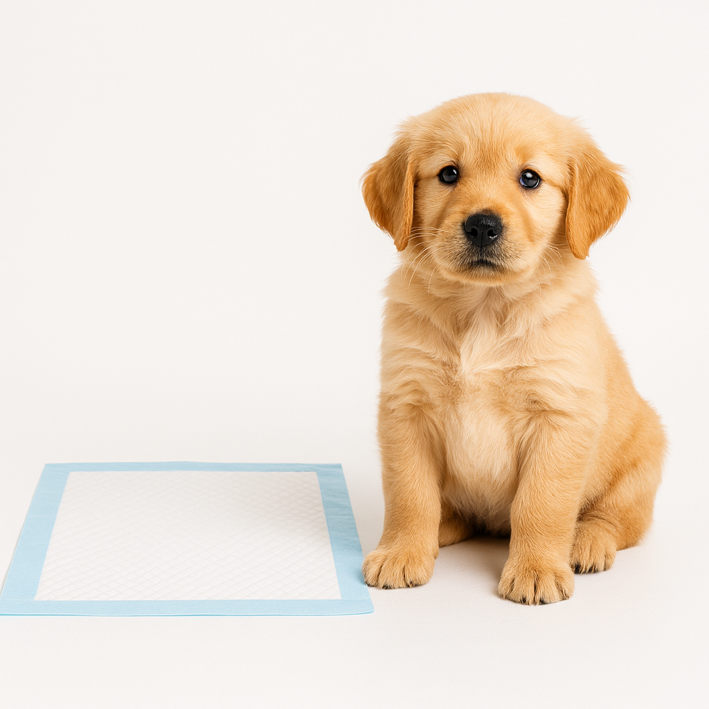 puppy sitting next to training pad on white background professional pet photography