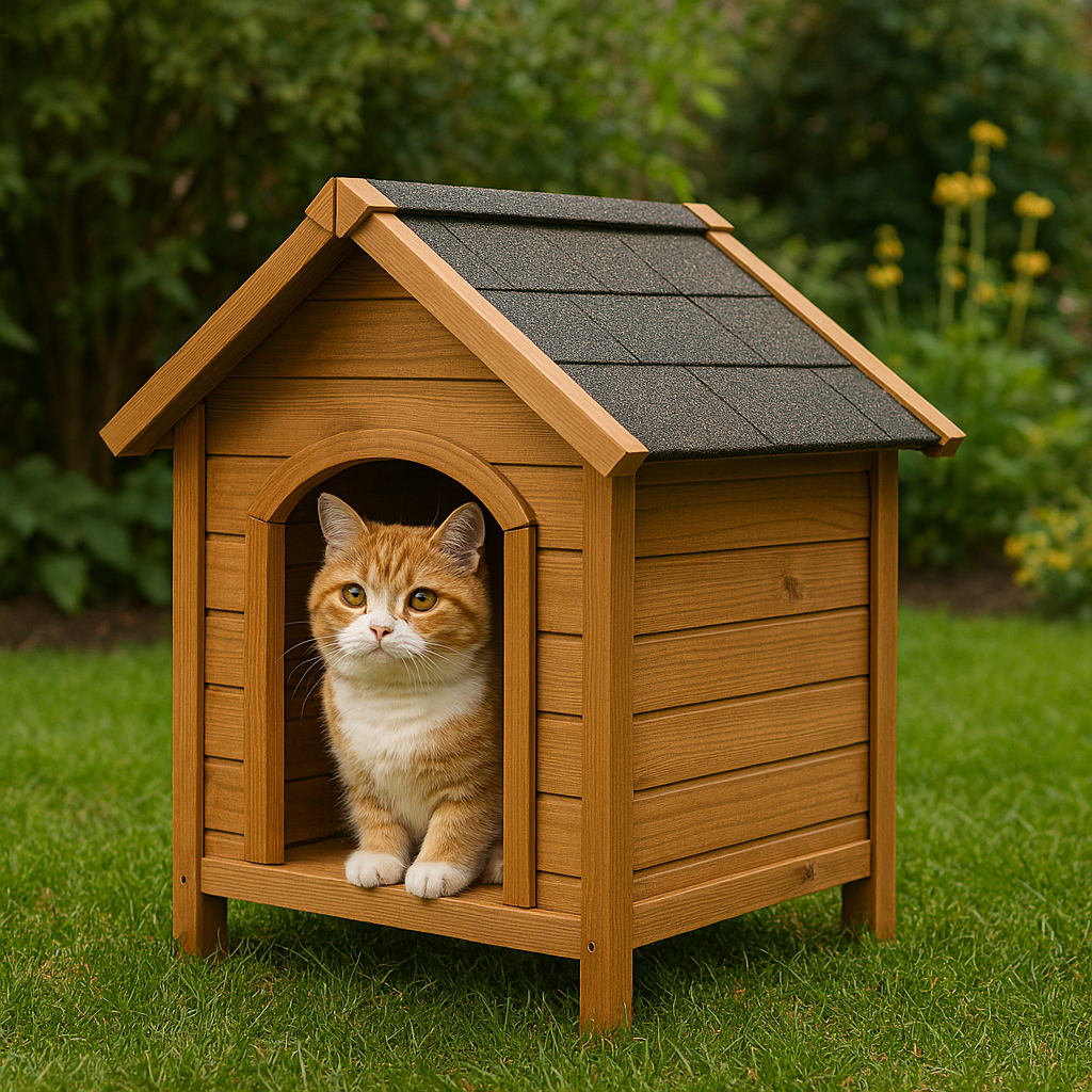 cute cat sitting inside wooden outdoor cat house garden background