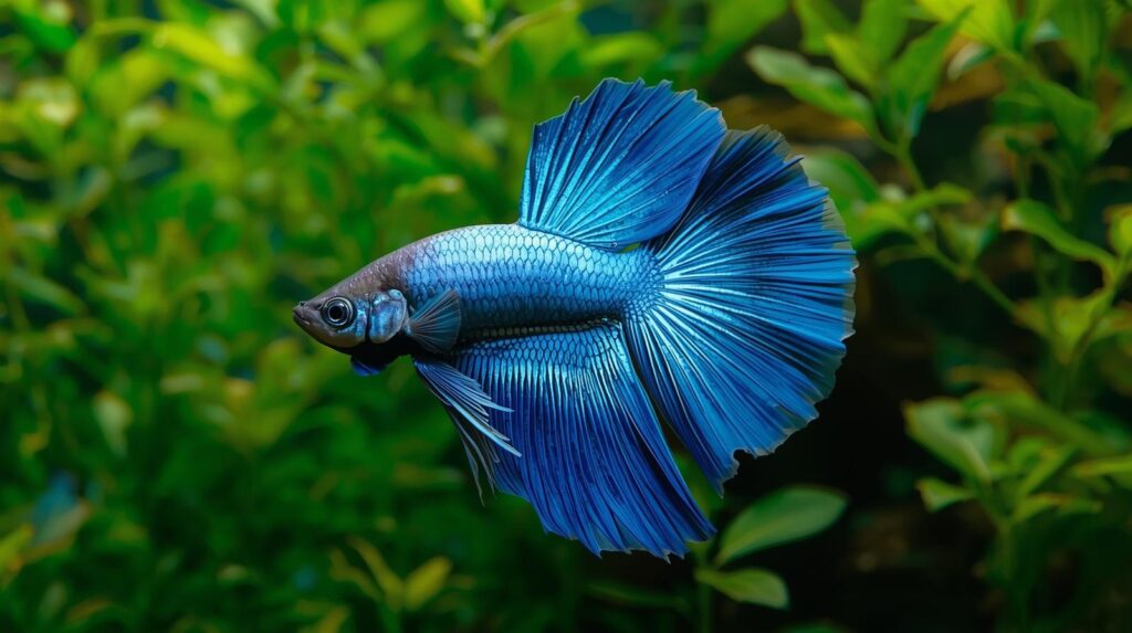 beautiful blue betta fish swimming in planted aquarium tank bright lighting