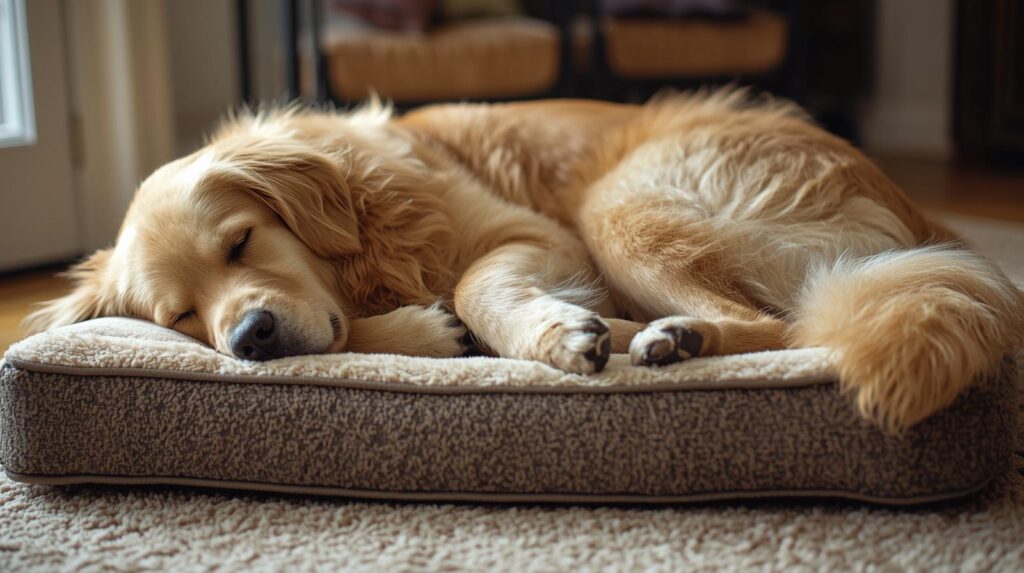 large golden retriever sleeping on orthopedic dog bed cosy home setting