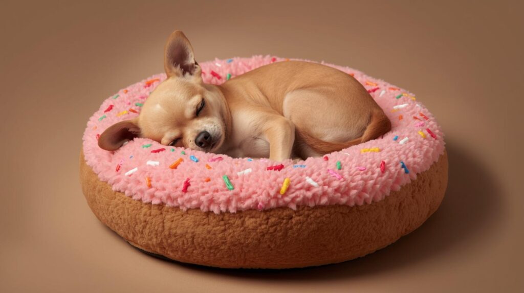 small chihuahua curled up on fluffy round donut dog bed